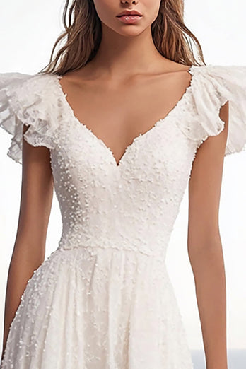 Ivory Lace V-Neck Maxi Rehearsal Dinner Dress with Ruffles