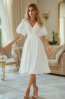 Load image into Gallery viewer, Ivory Chiffon Puff Sleeves V-Neck Midi Engagement Dress