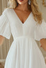 Load image into Gallery viewer, Ivory Chiffon Puff Sleeves V-Neck Midi Engagement Dress