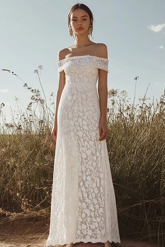 Ivory Lace Sheath Off the Shoulder Maxi Rehearsal Dinner Dress