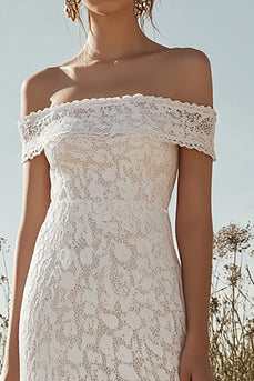 Ivory Lace Sheath Off the Shoulder Maxi Rehearsal Dinner Dress