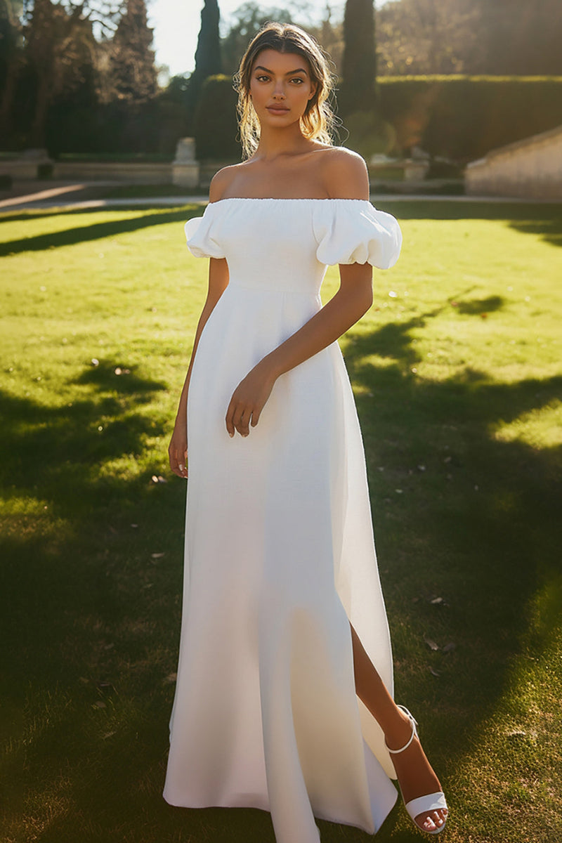 Load image into Gallery viewer, Ivory Puff Sleeves Maxi Satin Rehearsal Dinner Dress with Slit
