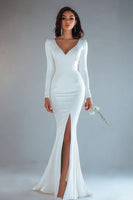 Load image into Gallery viewer, Women Ivory Long Sleeves Rehearsal Dinner Dress with Slit Satin Mermaid V-Neck Maxi Wedding Reception Dress