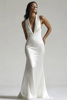 Load image into Gallery viewer, Ivory Deep V-Neck Ruched Maxi Mermaid Rehearsal Dinner Dress