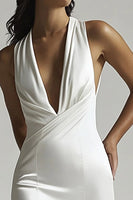 Load image into Gallery viewer, Ivory Deep V-Neck Ruched Maxi Mermaid Rehearsal Dinner Dress