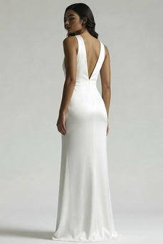 Ivory Deep V-Neck Ruched Maxi Mermaid Rehearsal Dinner Dress