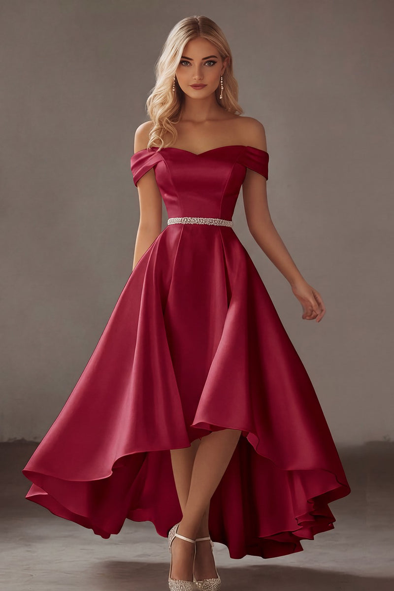 Load image into Gallery viewer, Ivory Off the Shoulder High-Low Engagement Dress with Rhinestones