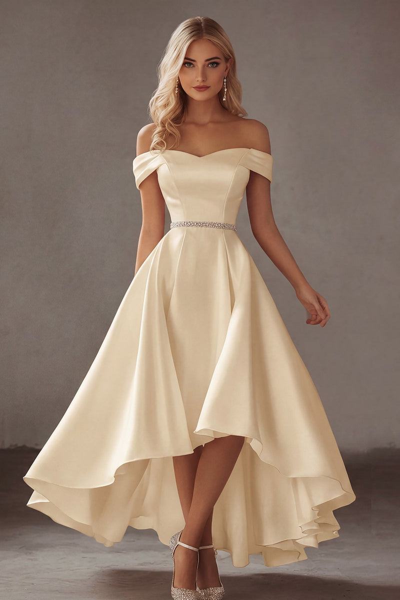 Load image into Gallery viewer, Ivory Off the Shoulder High-Low Engagement Dress with Rhinestones