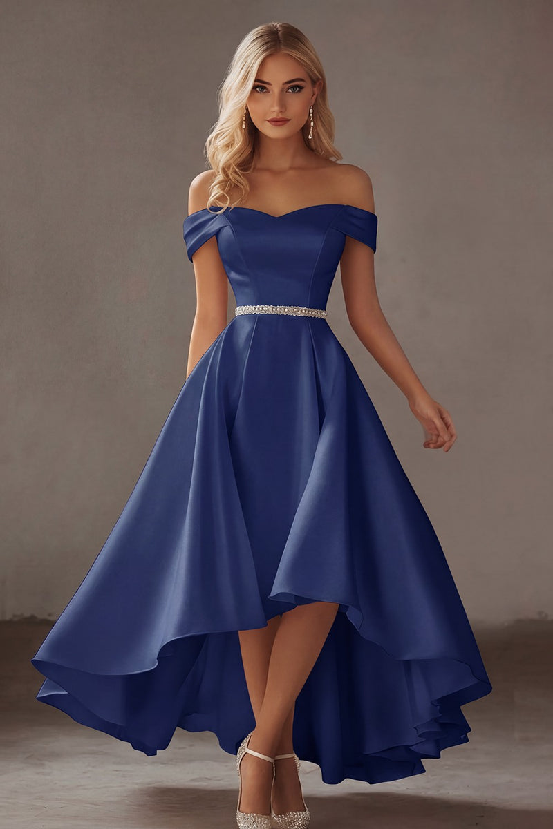 Load image into Gallery viewer, Ivory Off the Shoulder High-Low Engagement Dress with Rhinestones