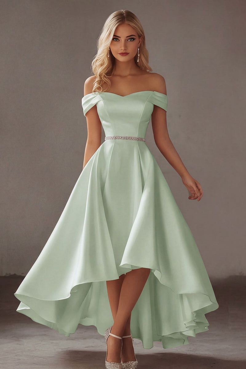 Load image into Gallery viewer, Ivory Off the Shoulder High-Low Engagement Dress with Rhinestones