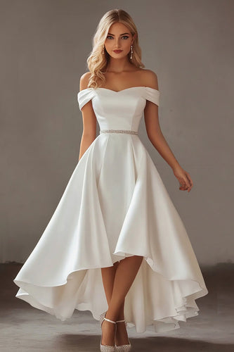 Ivory Off the Shoulder High-Low Engagement Dress with Rhinestones