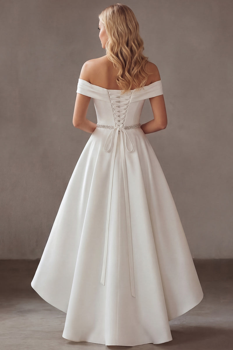 Load image into Gallery viewer, Ivory Off the Shoulder High-Low Engagement Dress with Rhinestones