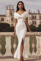 Load image into Gallery viewer, Women Ivory Satin Maxi Rehearsal Dinner Dress with Slit Off the Shoulder Mermaid Wedding Reception Dress