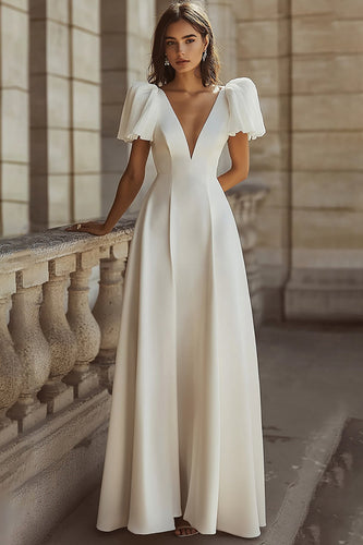 Simple Ivory Maxi Deep V-Neck Rehearsal Dinner Dress with Sleeves