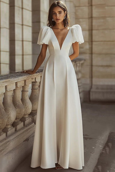 Simple Ivory Maxi Deep V-Neck Rehearsal Dinner Dress with Sleeves