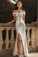 Load image into Gallery viewer, Silver Sparkly Sequins Off the Shoulder Maxi Engagement Dress with Slit