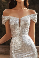 Load image into Gallery viewer, Silver Sparkly Sequins Off the Shoulder Maxi Engagement Dress with Slit