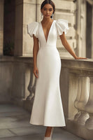 Load image into Gallery viewer, Women Ivory Mermaid Satin Wedding Reception Dress with Sleeves Ruffled V-Neck Maxi Engagement Dress