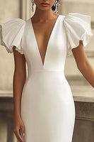 Load image into Gallery viewer, Mermaid Ivory Satin V-Neck Maxi Wedding Reception Dress with Sleeves
