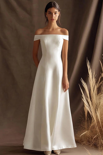 Simple Satin Ivory Off the Shouler Long Rehearsal Dinner Dress