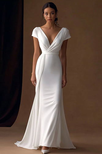 Ivory Mermaid Simple V-Neck Maxi Rehearsal Dinner Dress with Sleeves