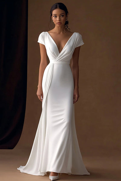Ivory Mermaid Simple V-Neck Maxi Rehearsal Dinner Dress with Sleeves