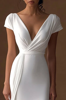 Ivory Mermaid Simple V-Neck Maxi Rehearsal Dinner Dress with Sleeves