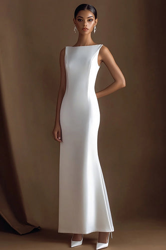 Simple Ivory Satin Bateau Neck Maxi Rehearsal Dinner Dress