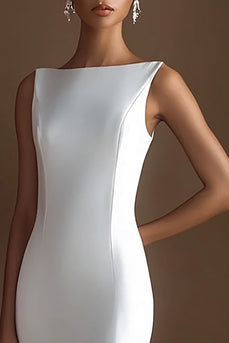 Simple Ivory Satin Bateau Neck Maxi Rehearsal Dinner Dress