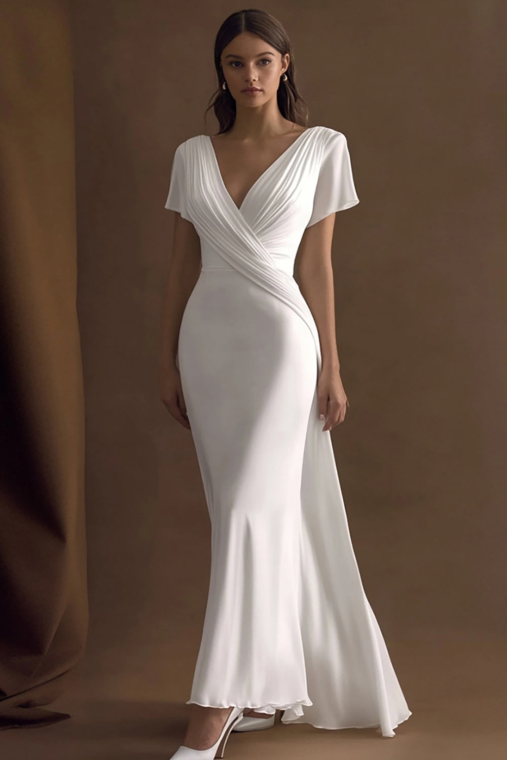 Women Ivory Maxi Rehearsal Dinner Dress with Sleeves Simple Mermaid V-Neck Wedding Reception Dress