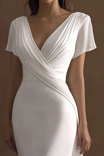 Mermaid Ivory Simple V-Neck Maxi Rehearsal Dinner Dress with Sleeves