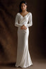 Load image into Gallery viewer, Queendancer women’s ivory satin maxi elegant rehearsal dinner dress with sleeves and V-neck wedding reception gown