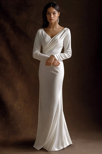 Queendancer women’s ivory satin maxi elegant rehearsal dinner dress with sleeves and V-neck wedding reception gown