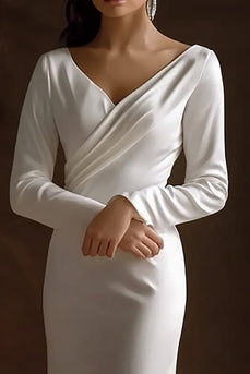 Ivory Satin Simple Maxi Ruched Rehearsal Dinner Dress with Sleeves