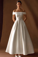 Load image into Gallery viewer, Simple Satin Ivory Maxi A Line Wedding Reception Dress with Belts