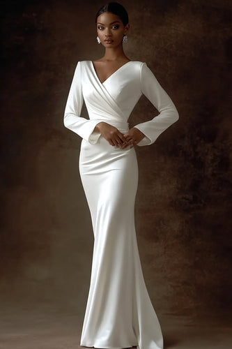 Ivory Satin V-Neck Long Sleeves Maxi Wedding Reception Dress