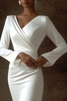 Load image into Gallery viewer, Ivory Satin V-Neck Long Sleeves Maxi Wedding Reception Dress