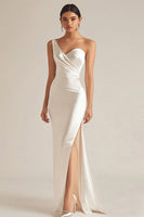 Load image into Gallery viewer, Ivory Satin One Shoulder Maxi Wedding Reception Dress with Slit