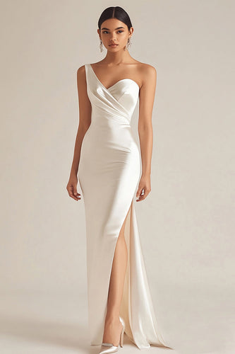 Ivory Satin One Shoulder Maxi Wedding Reception Dress with Slit