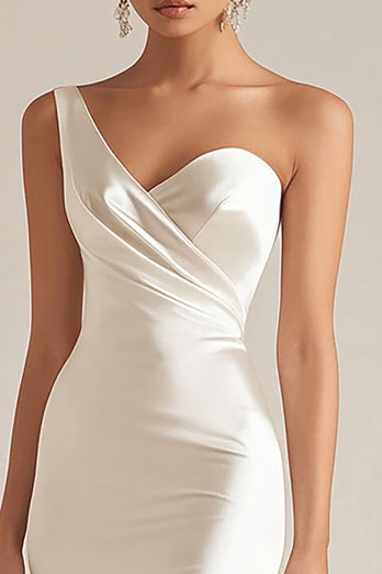 Ivory Satin One Shoulder Maxi Wedding Reception Dress with Slit