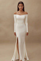 Load image into Gallery viewer, Ivory Satin Off the Shoulder Maxi Wedding Reception Dress with Slit