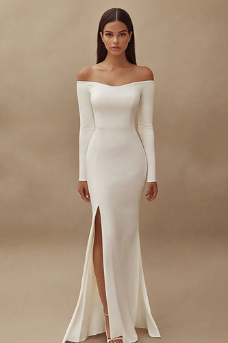 Ivory Satin Off the Shoulder Maxi Wedding Reception Dress with Slit