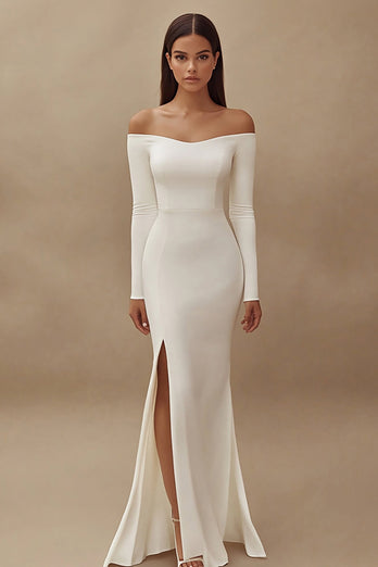 Ivory Satin Off the Shoulder Maxi Wedding Reception Dress with Slit