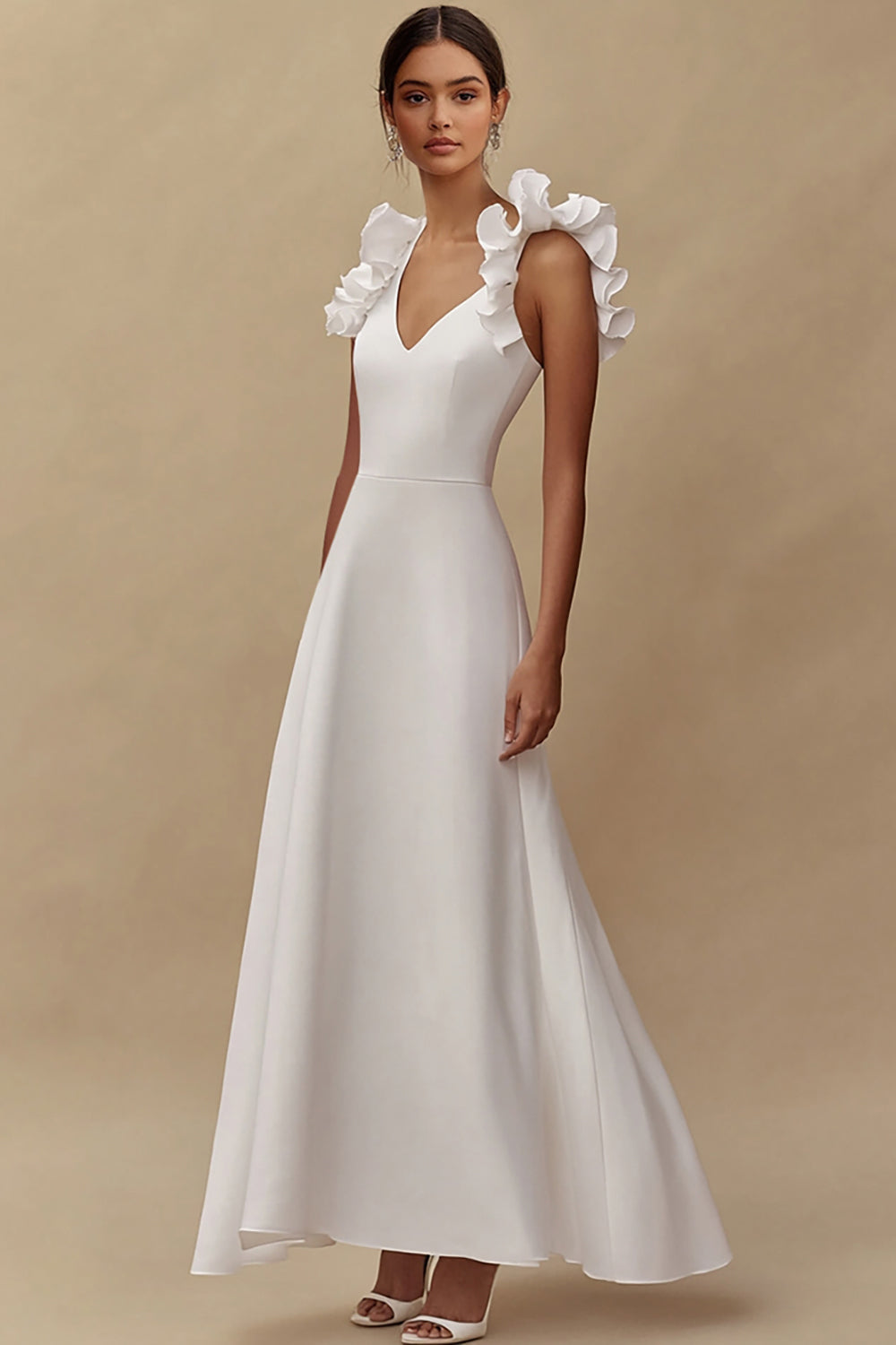 Ivory V-Neck A Line Maxi Wedding Reception Dress with Ruffles