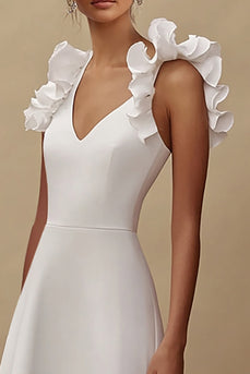 Ivory V-Neck A Line Maxi Wedding Reception Dress with Ruffles