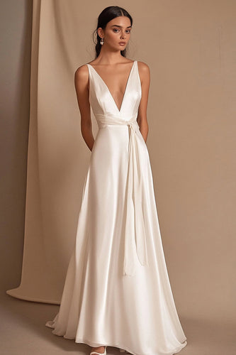 Ivory Satin Maxi A Line V-Neck Rehearsal Dinner Dress with Sash