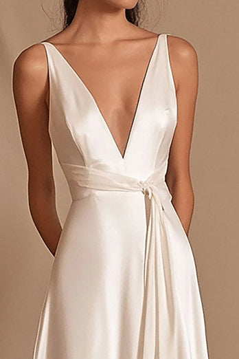 Ivory Satin Maxi A Line V-Neck Rehearsal Dinner Dress with Sash