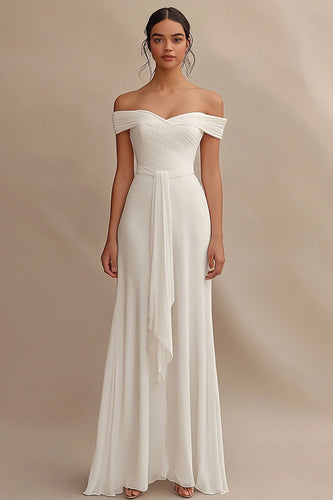 Chiffon Ivory Maxi Off the Shoulder Rehearsal Dinner Dress with Sash
