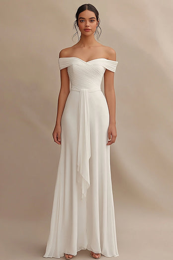 Chiffon Ivory Maxi Off the Shoulder Rehearsal Dinner Dress with Sash