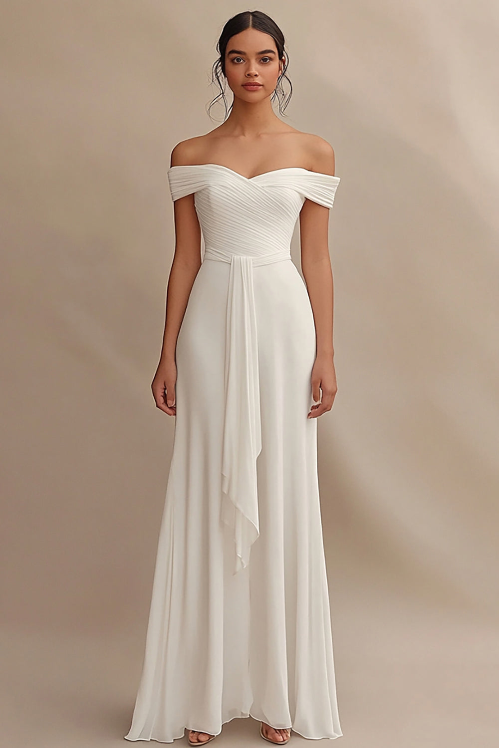 Chiffon Ivory Maxi Off the Shoulder Rehearsal Dinner Dress with Sash